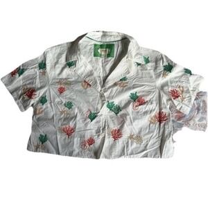 Maeve Anthropologie Coral Embroidered Crop Top Short Sleeve Shirt‎ Small